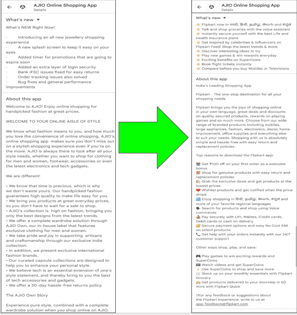 AJIO's Play Store About section — wall of text