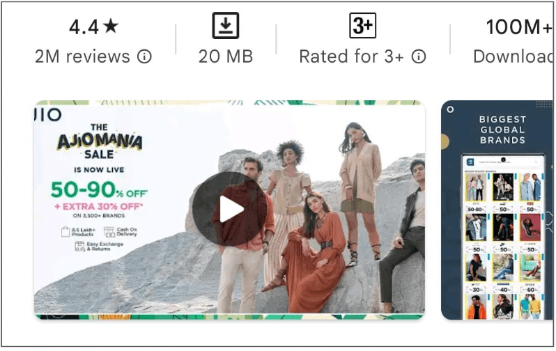 AJIO's Play Store video and thumbnail assets
