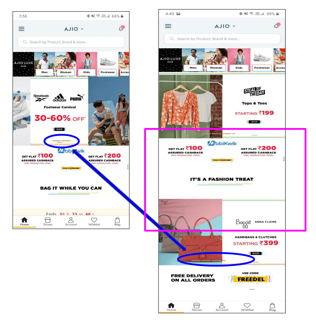 AJIO's homepage scroll experience