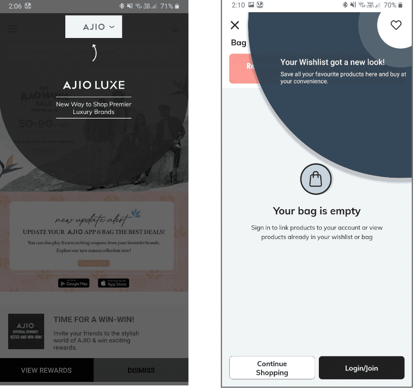 Splash hints inside section screens — the NUDGE in action
